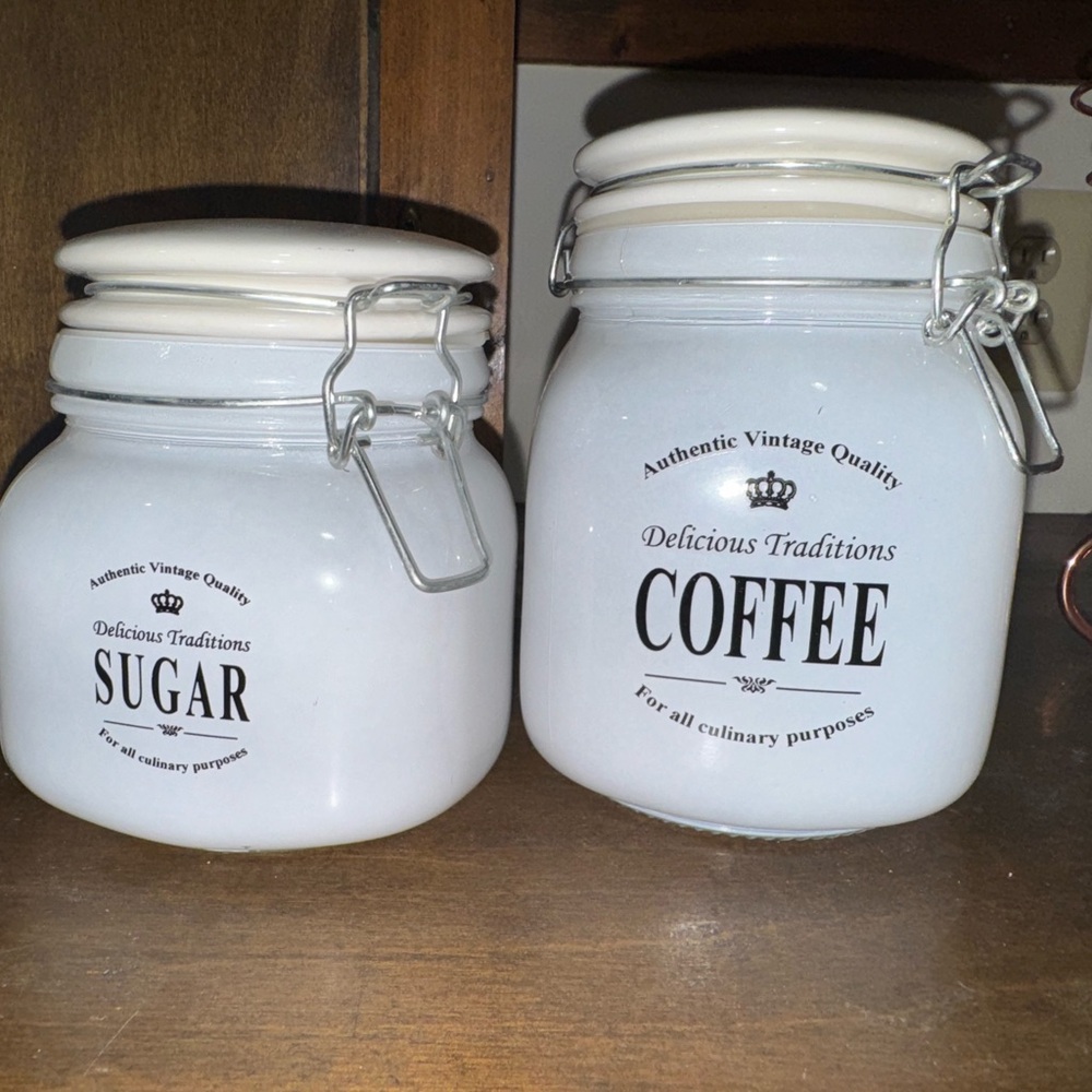 White Ceramic Kitchen Canister Set Coffee and Sugar Vintage Home Decor
